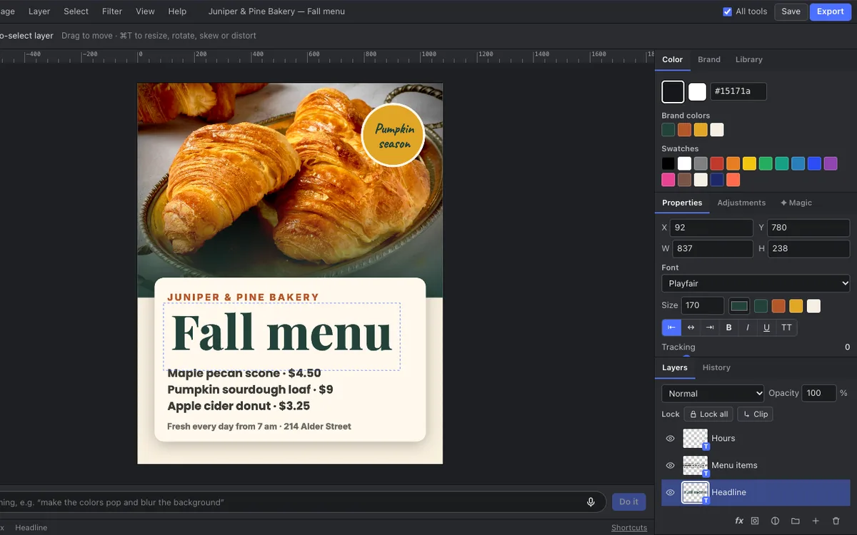 Pro Designer in AIKit: a layered menu design with brand colors and fonts