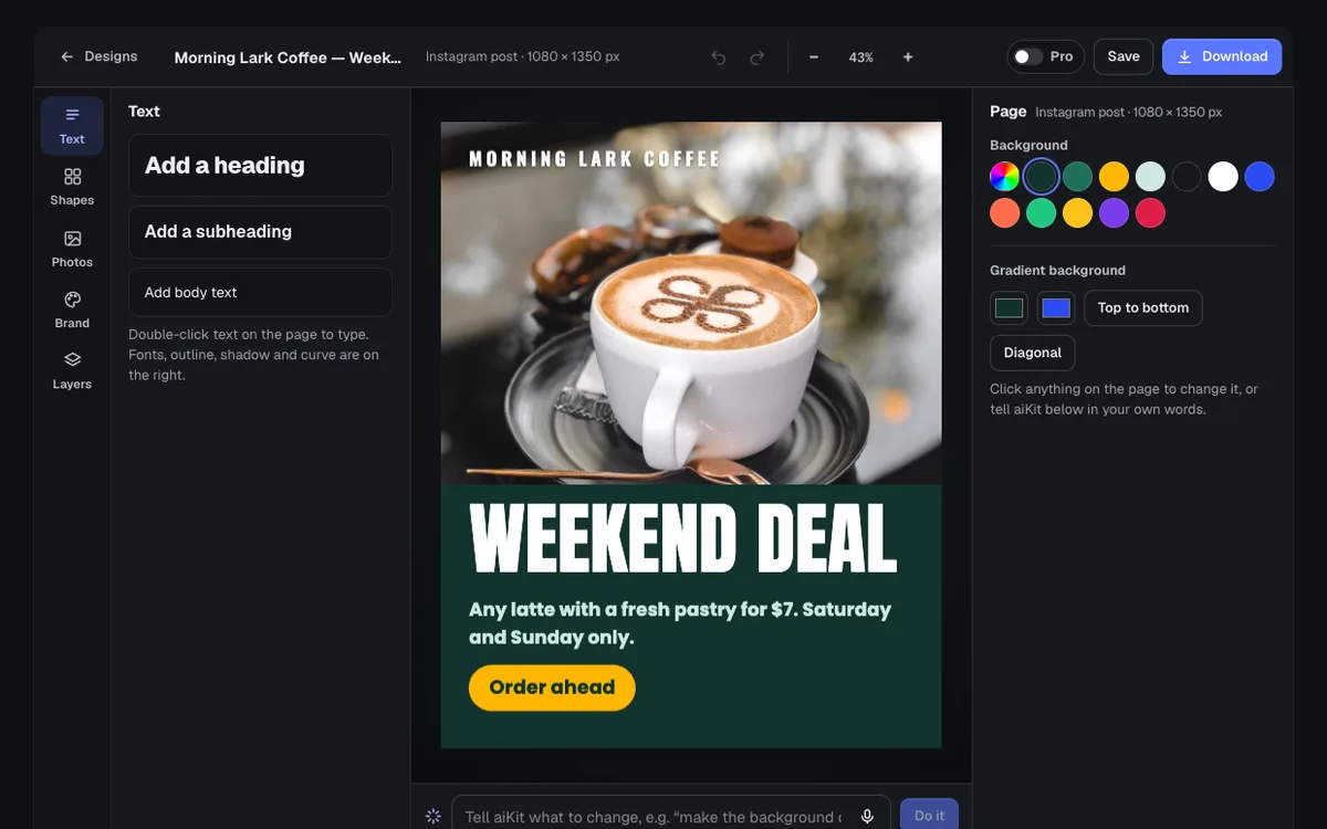 Magic Canvas in AIKit: a coffee shop weekend-deal social post