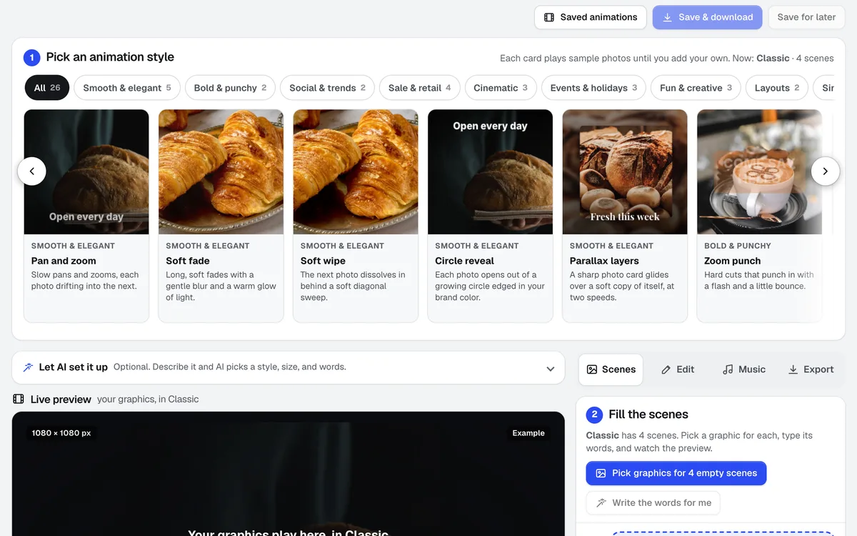 Motion Maker in AIKit: picking an animation style for bakery photos