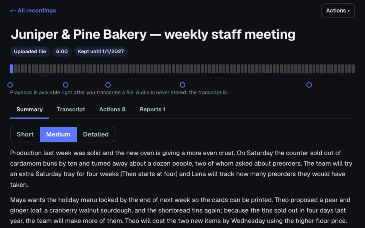 Transcribe & Summarize in AIKit: a staff meeting summary with action items