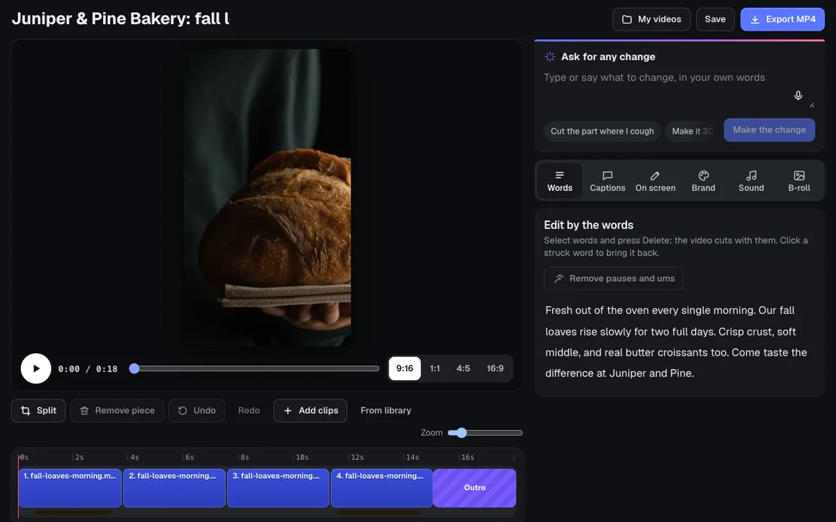 Video Kit in AIKit: editing a short bakery video by its transcript