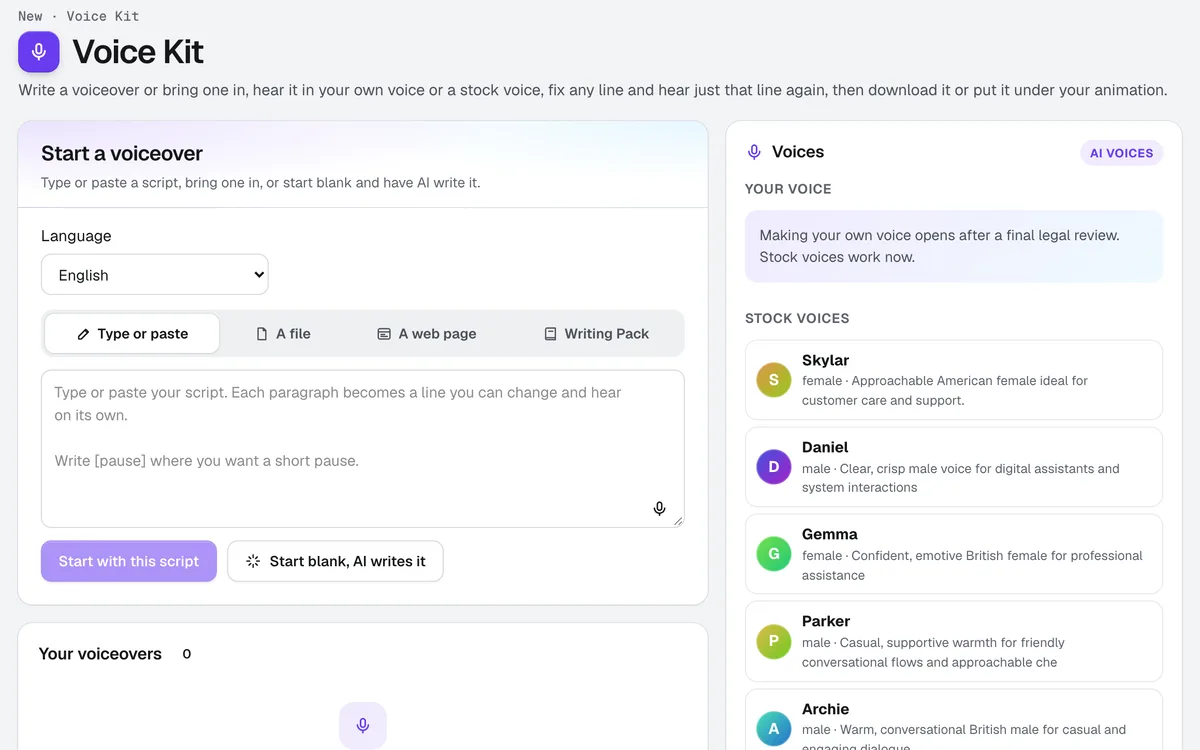 Voice Kit in AIKit: starting a voiceover and choosing a stock voice