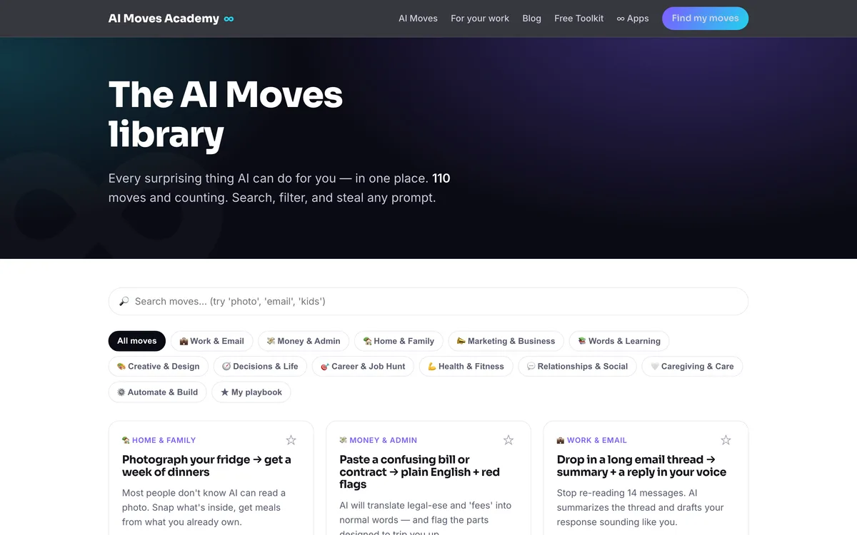 AI Moves library — searchable, filterable prompts
