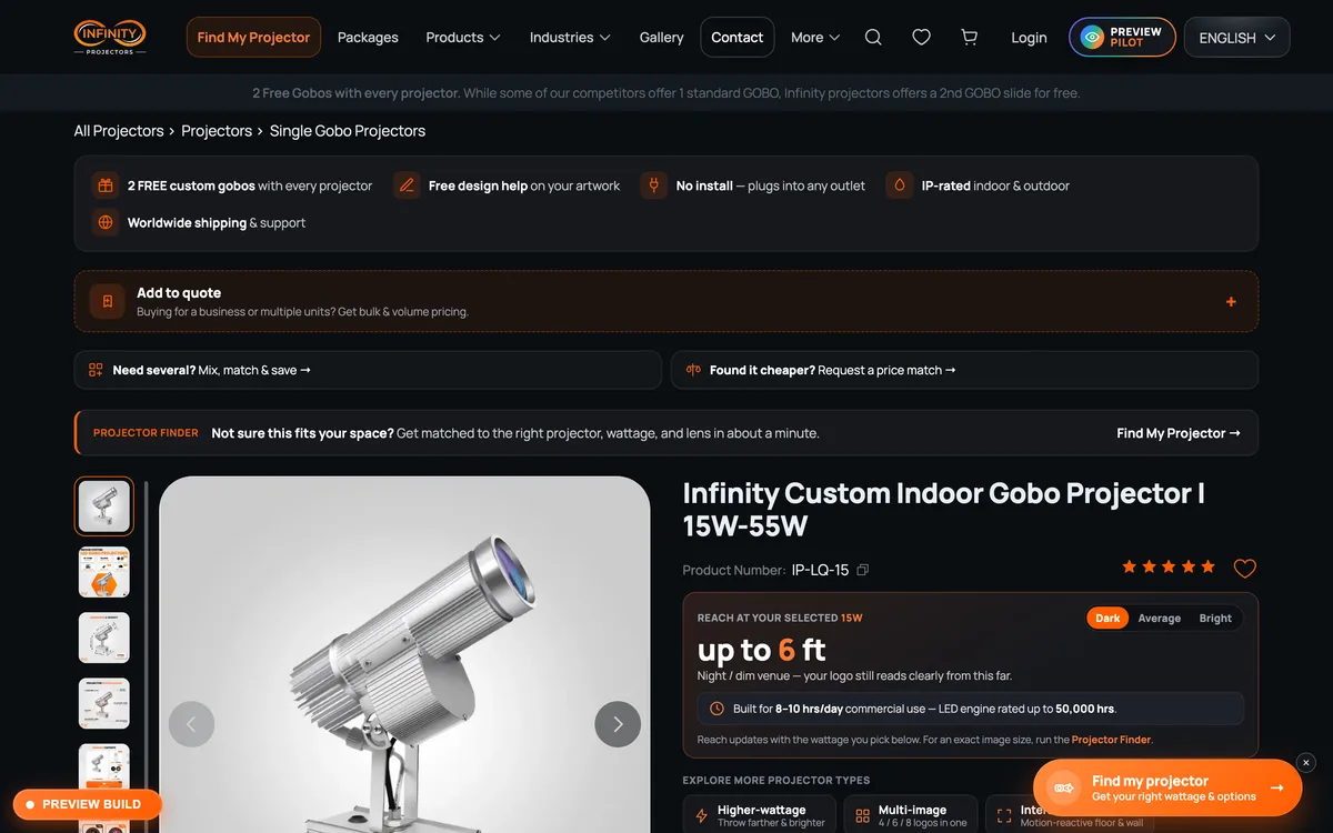 Infinity Projectors product page with specs and pricing