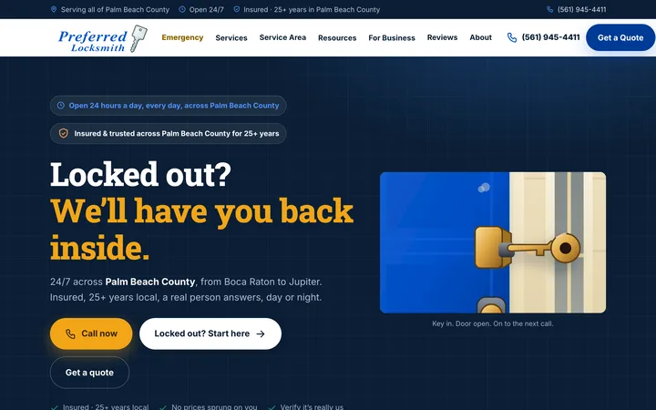 Preferred Locksmith 24/7 local-SEO website homepage